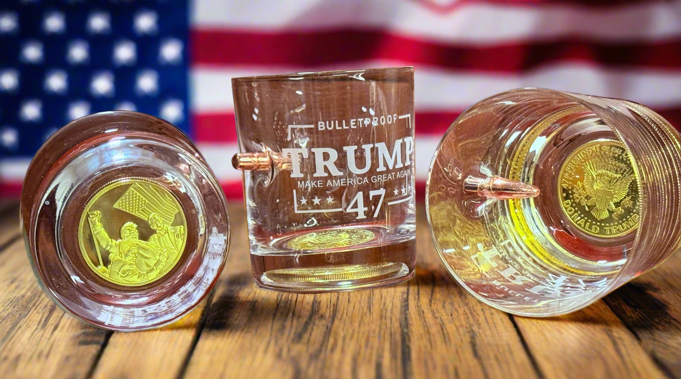 Bullet & Presidential Memorabilia Coin Embedded Whiskey Glass - Packin Patriot Merch
