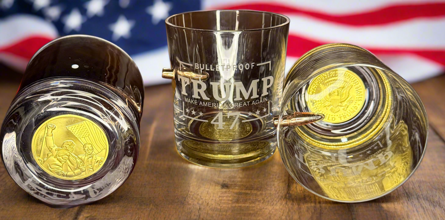 Bullet & Presidential Memorabilia Coin Embedded Whiskey Glass - Packin Patriot Merch