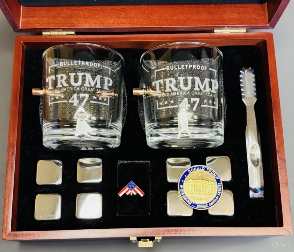 Whiskey Glass Set Gift Box- Memorabilia Coin Embedded Whiskey Glass Set Gift Box with Cherry Wood Box