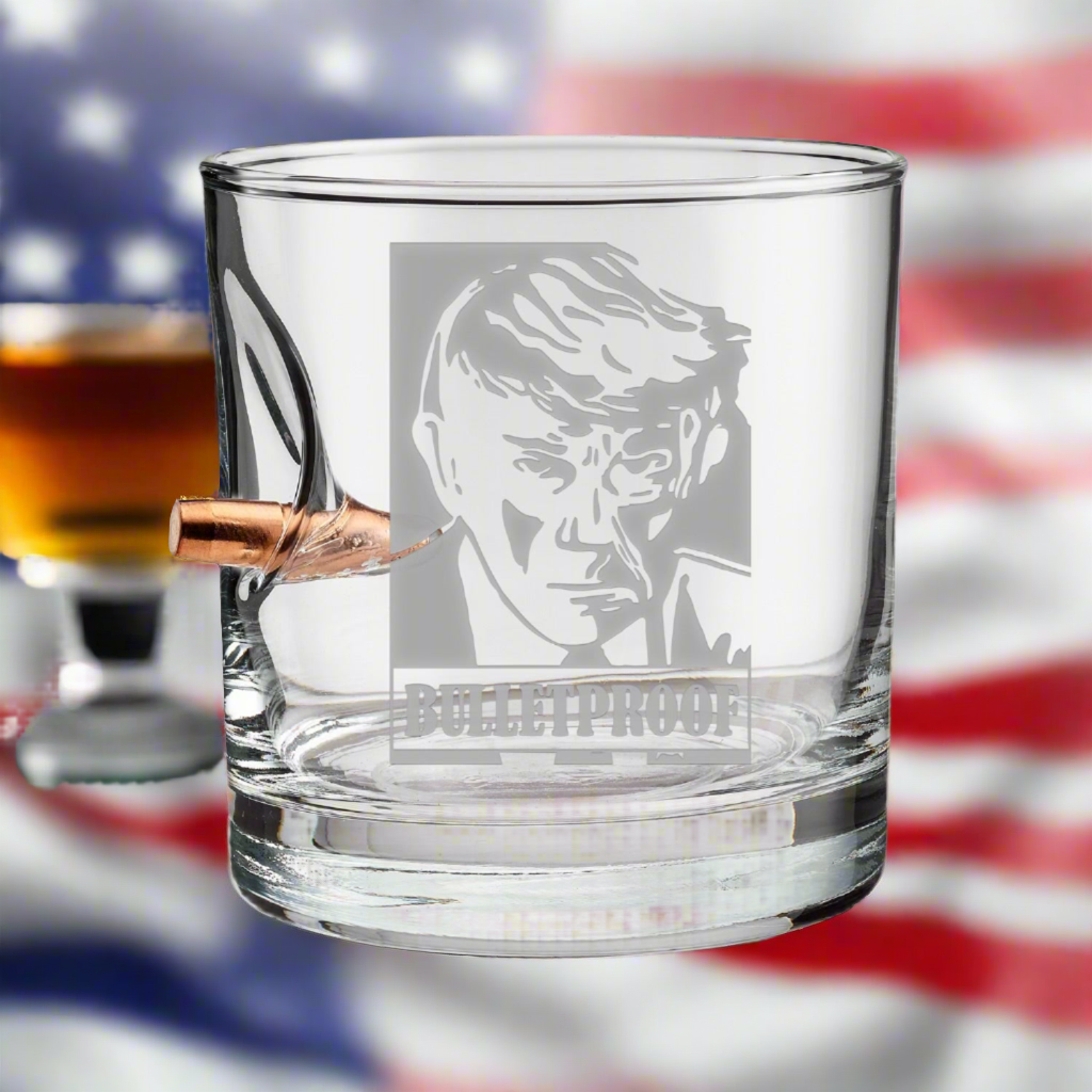 Trump Mugshot Bulletproof Whiskey Glass (Free Bulletproof Poker Chip with purchase)