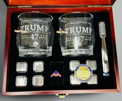 Whiskey Glass Set Gift Box- Memorabilia Coin Embedded Whiskey Glass Set Gift Box with Cherry Wood Box
