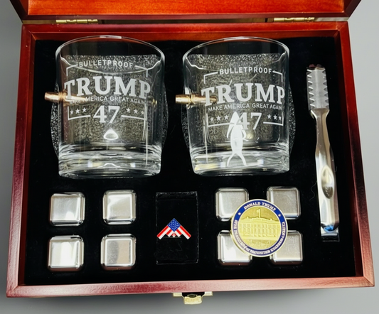 Whiskey Glass Set Gift Box- Memorabilia Coin Embedded Whiskey Glass Set Gift Box with Cherry Wood Box