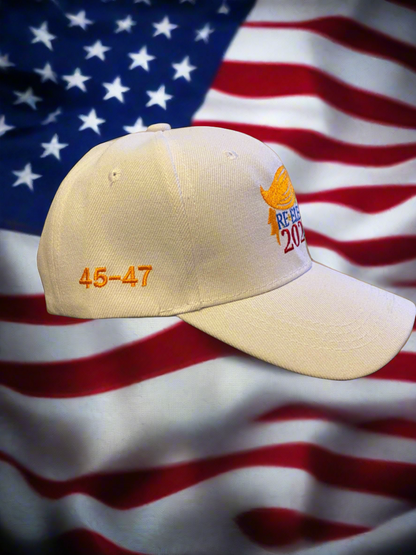 Trump Re-elect White Embroidered Baseball Cap (Free Poker Chip with purchase)