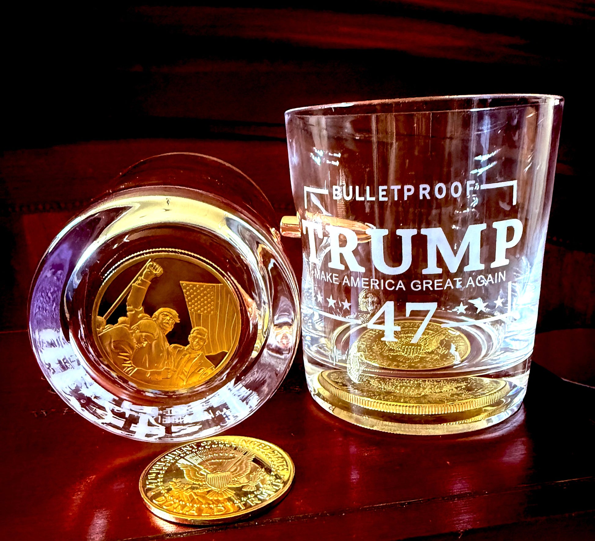 Limited Ediition Bullet & Coin Embedded Whiskey Glass Set Gift Box with Cherry Wood Box - Packin Patriot Merch