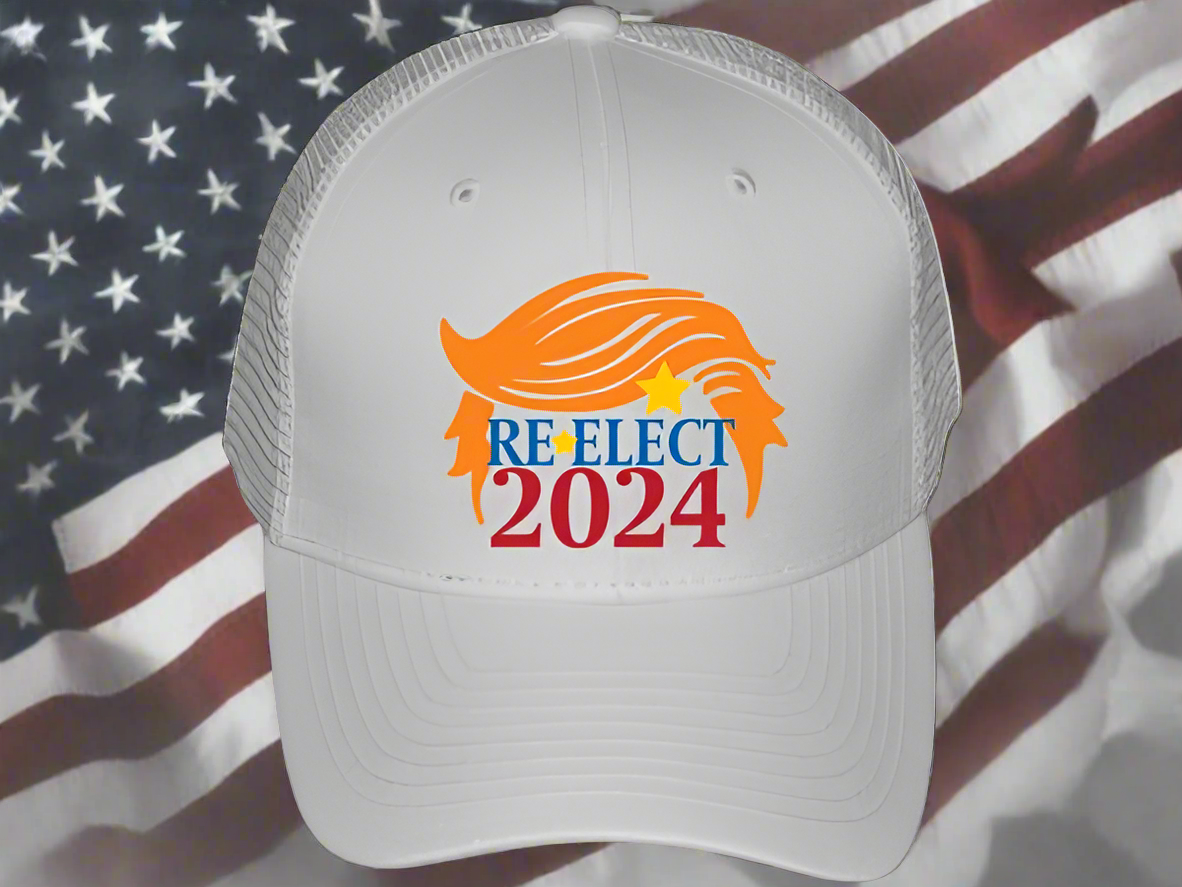 Trump Re-elect White Embroidered Baseball Cap (Free Poker Chip with purchase)