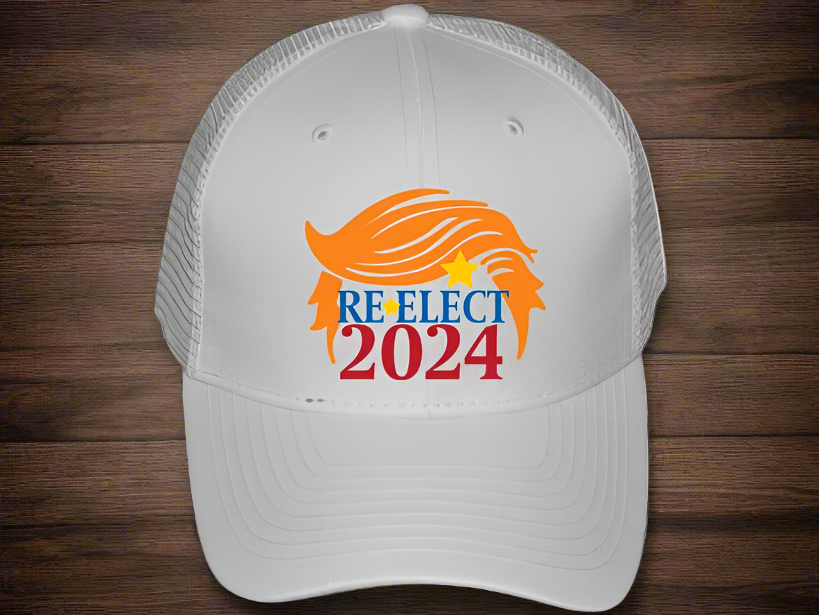 Trump Re-elect White Embroidered Baseball Cap (Free Poker Chip with purchase)