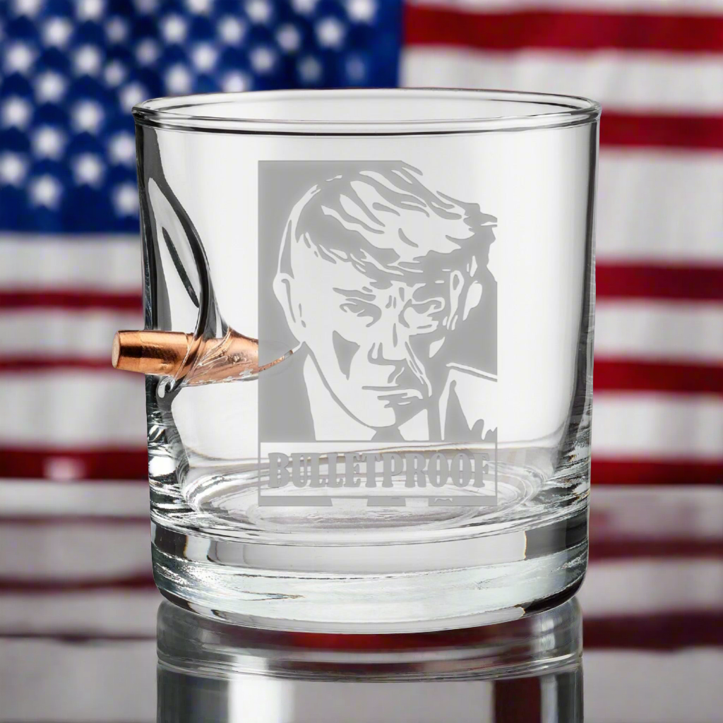 Trump Mugshot Bulletproof Whiskey Glass (Free Bulletproof Poker Chip with purchase)