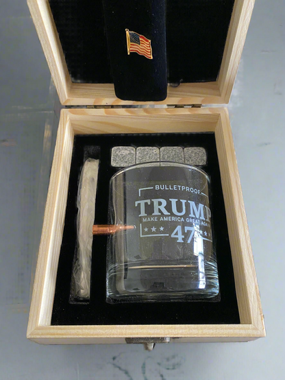 TRUMP BULLETPROOF WHISKEY GLASS 47 + BOX