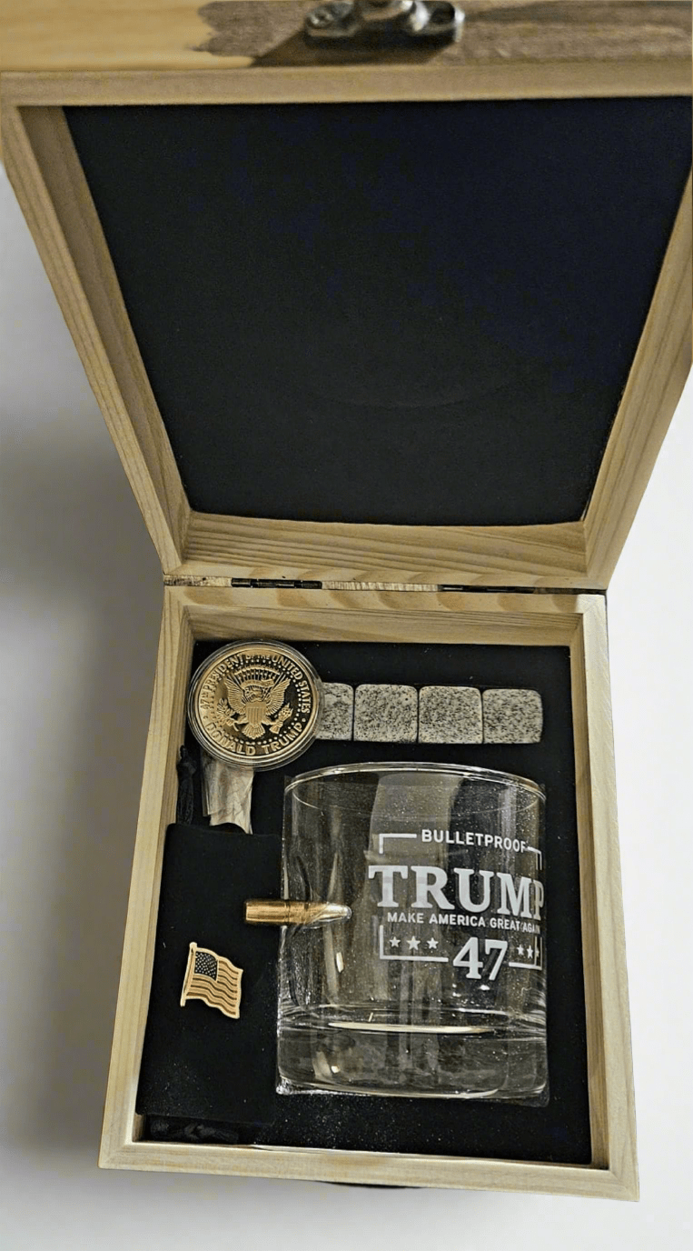 TRUMP BULLETPROOF WHISKEY GLASS 47 + BOX | Packin Patriot Merch
