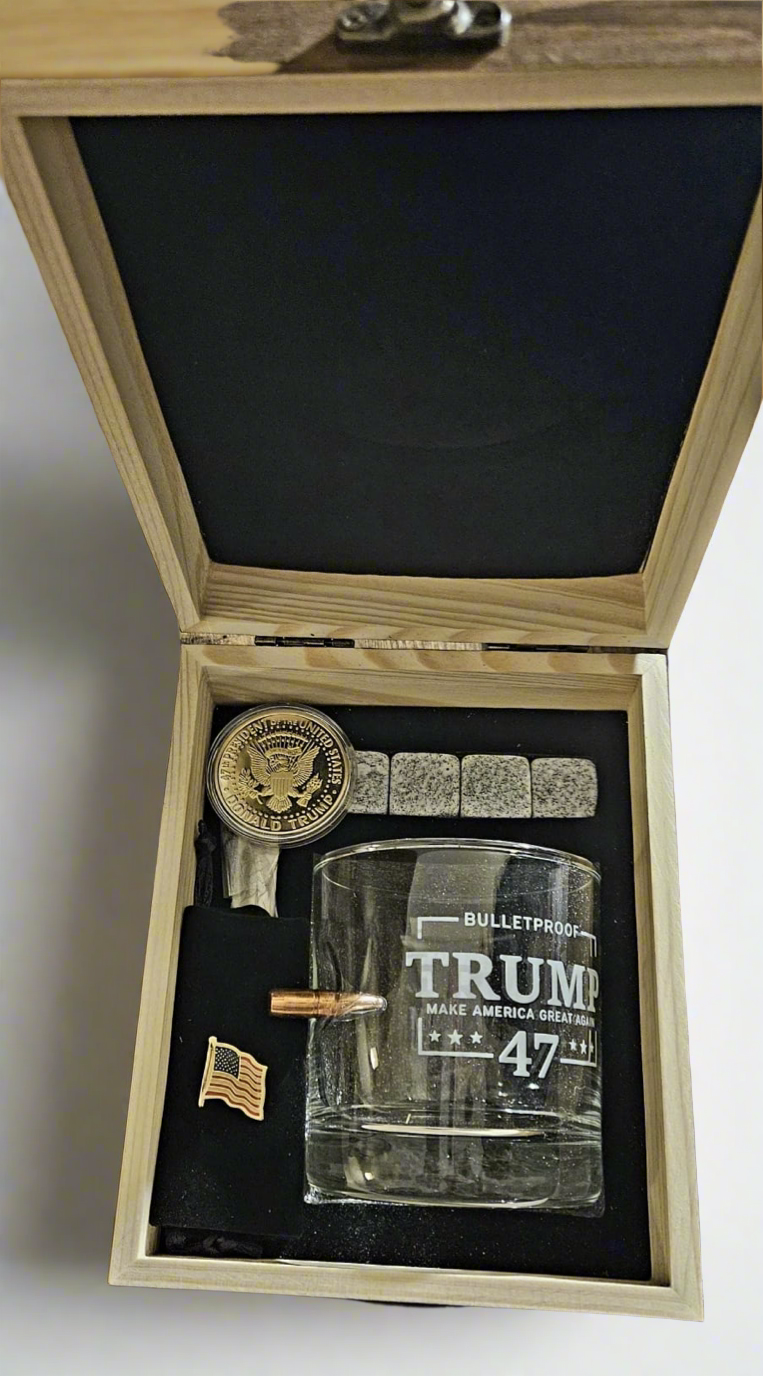 TRUMP BULLETPROOF WHISKEY GLASS 47 + BOX