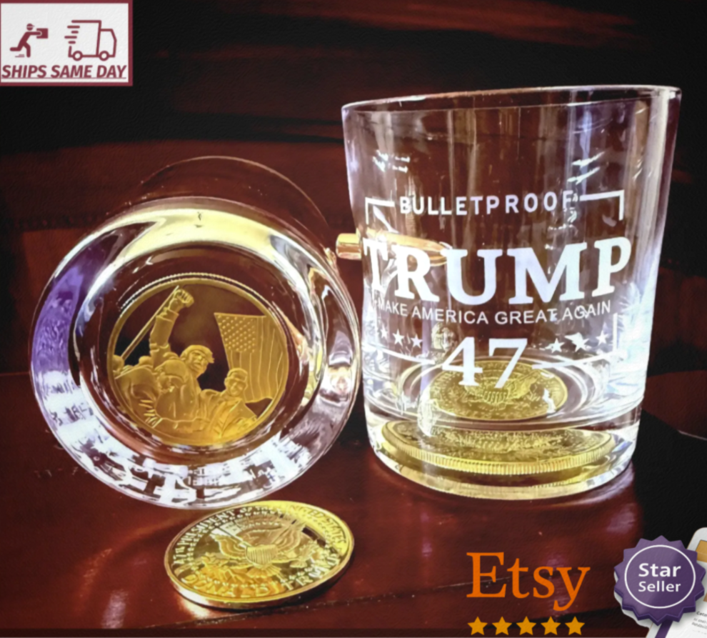 trump whiskey Glass, Trump glassware, trump rocks glasses, Memorabilia Coin, unique Whisky Glass, Whiskey glass, wooden gift box, maga, trump bulletproof glasses, 