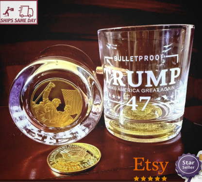 trump whiskey Glass, Trump glassware, trump rocks glasses, Memorabilia Coin, unique Whisky Glass, Whiskey glass, wooden gift box, maga, trump bulletproof glasses, 